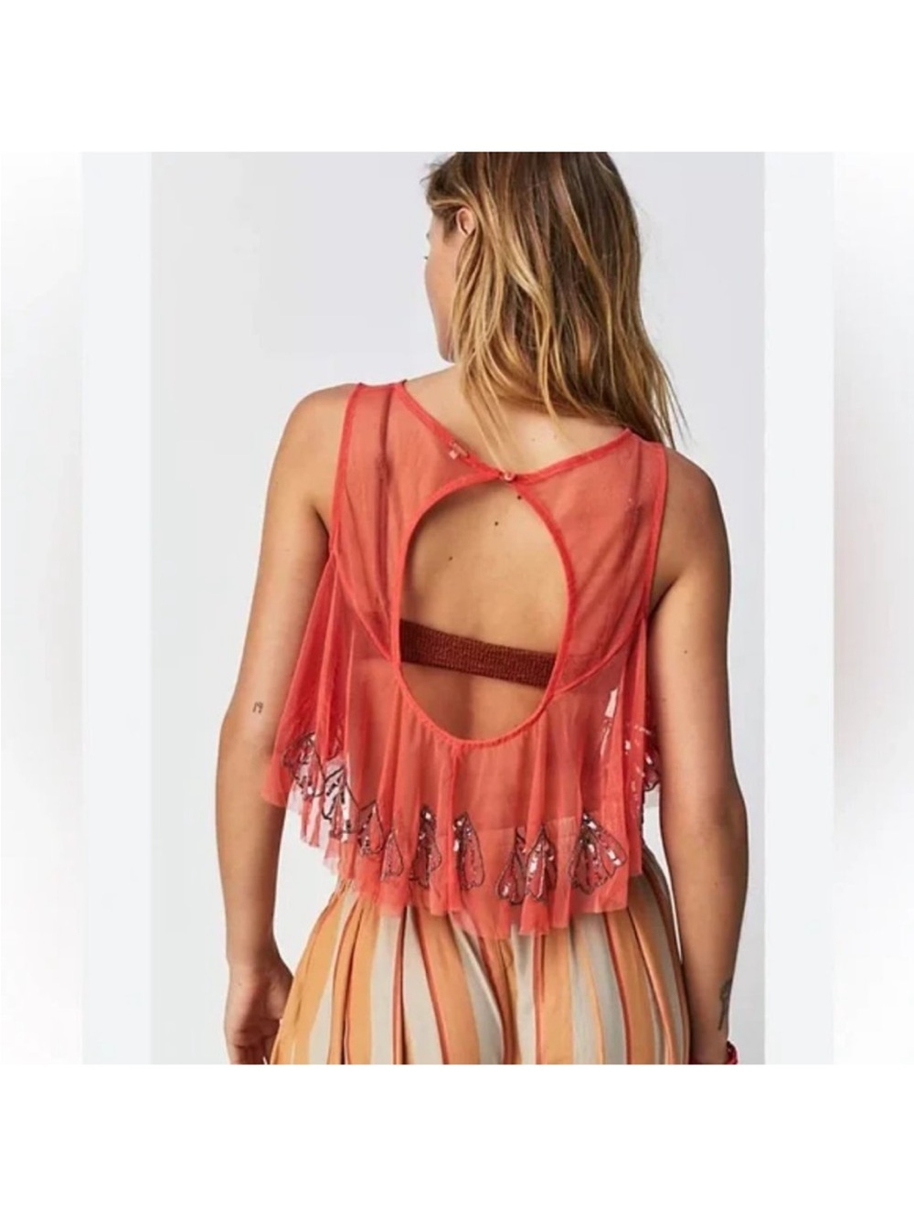 EUC Free People Tulsi Coral Sequin and Beaded Shell Mesh Tank Top. Like New - Picture 2 of 5